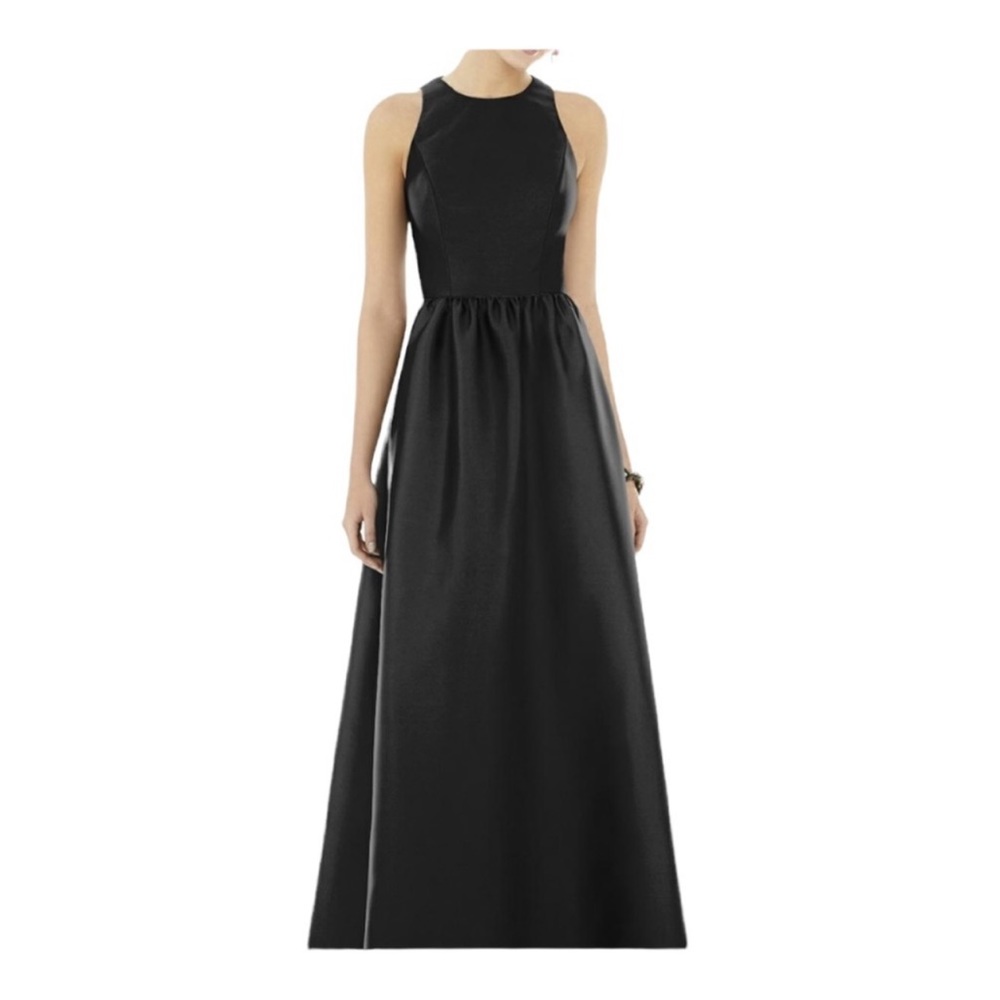 Sleeveless Keyhole Back Satin Maxi Dress, Black, Size 8